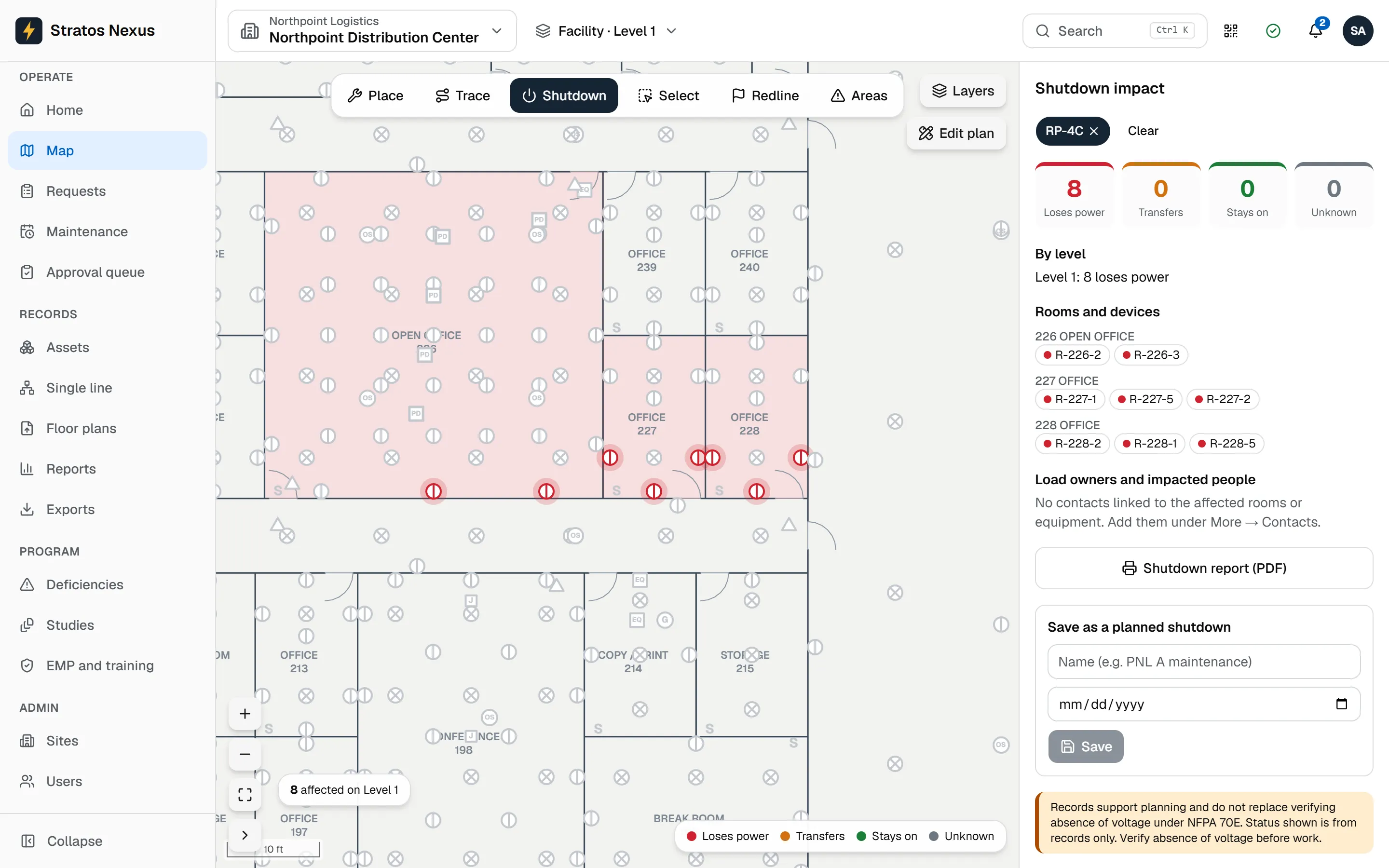 A saved shutdown opened on the map: the devices that lose power and the affected rooms, with the shutdown report ready to print.